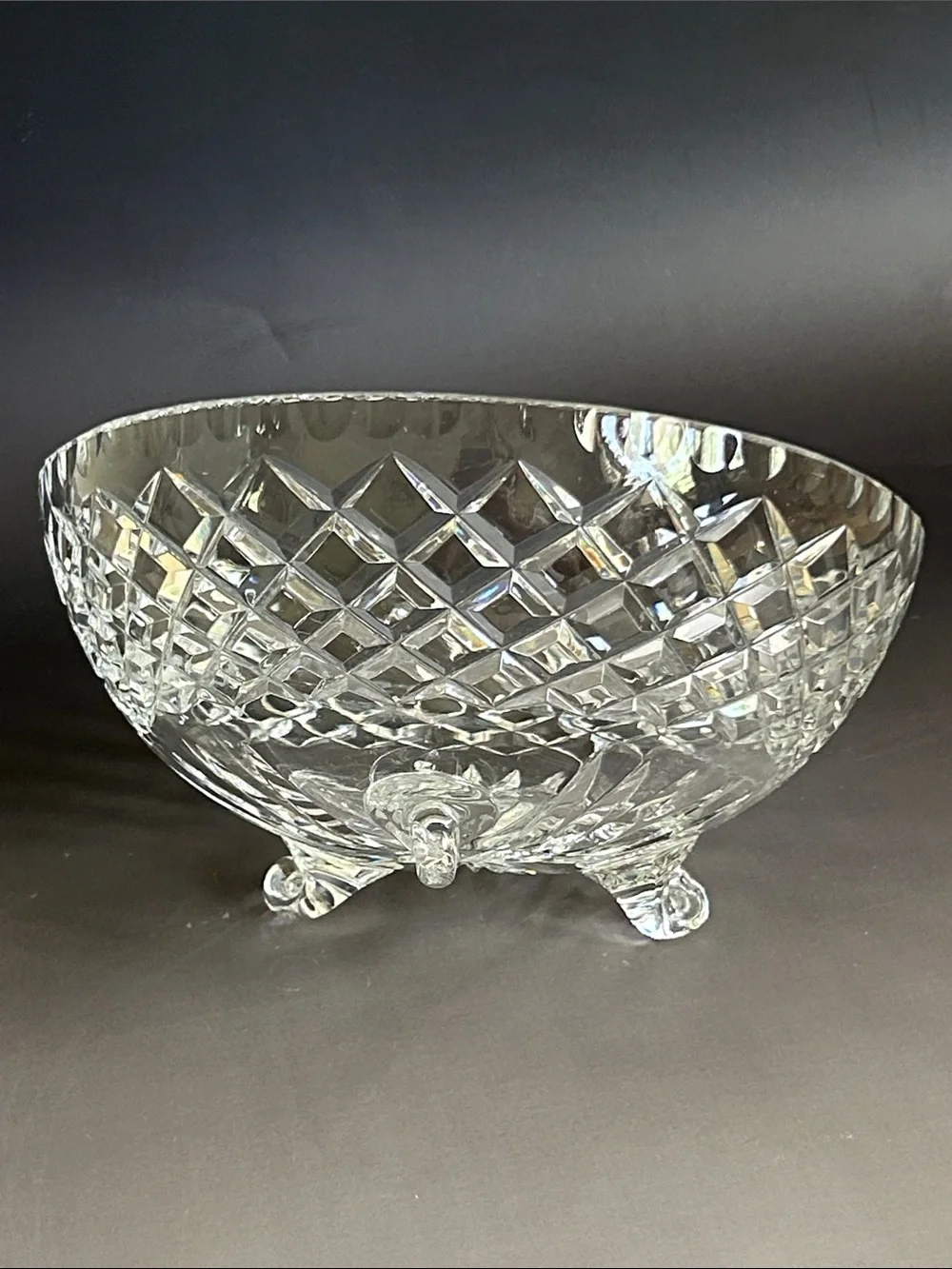 Vintage Kusak Hand Cut Crystal Three-Footed Bowl with Diamond Cut Pattern
